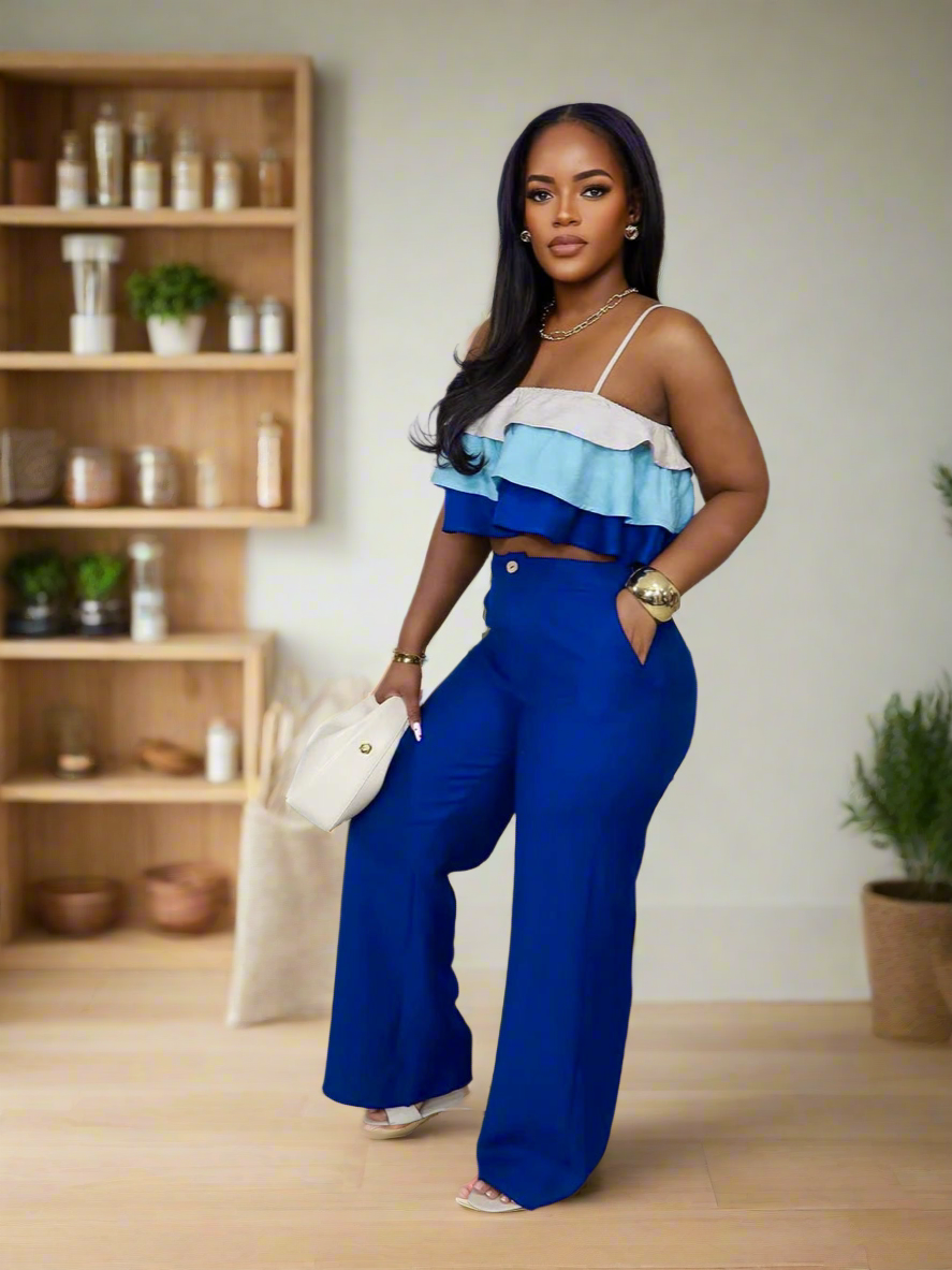Hey, check out this amazing fashion party outfit! It’s a chic two-piece set with a patchwork cascading ruffles strap crop top and wide-leg suit. It’s perfect for the 2025 fashion season.