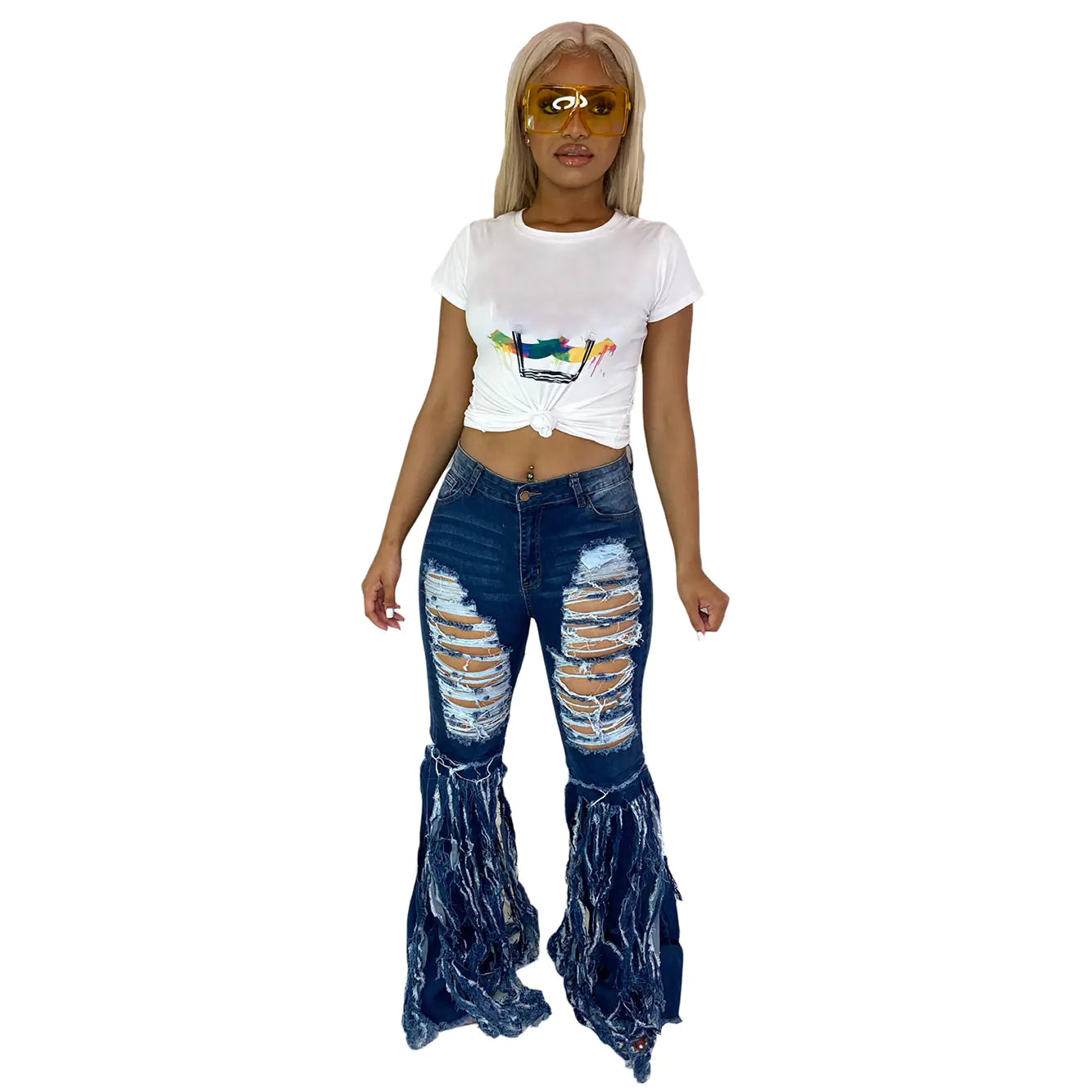 Casual Women's Ripped Flare Denim Jeans Trousers