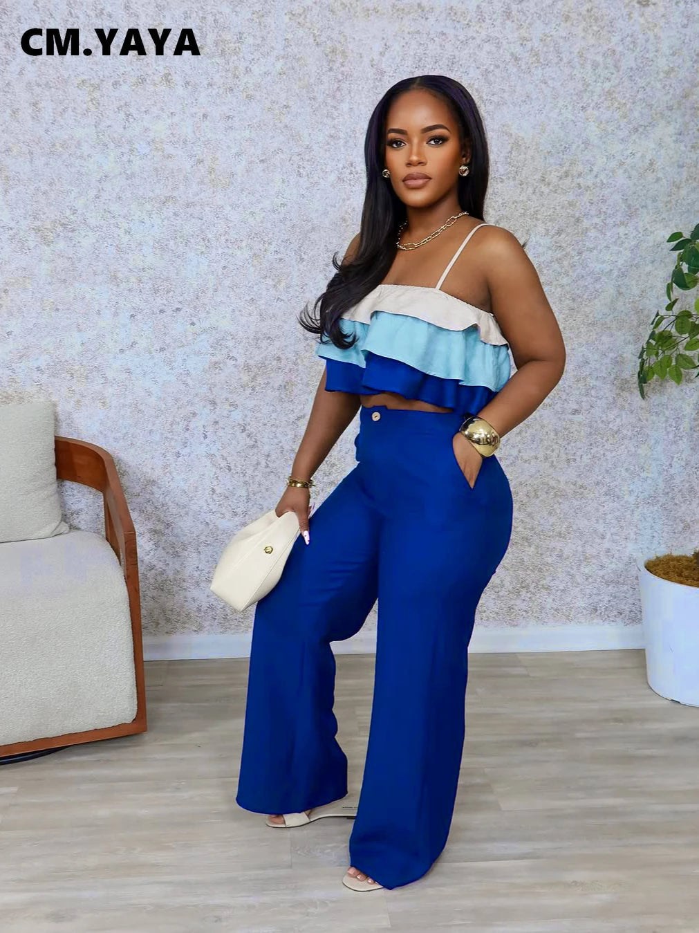 Hey, check out this amazing fashion party outfit! It’s a chic two-piece set with a patchwork cascading ruffles strap crop top and wide-leg suit. It’s perfect for the 2025 fashion season.