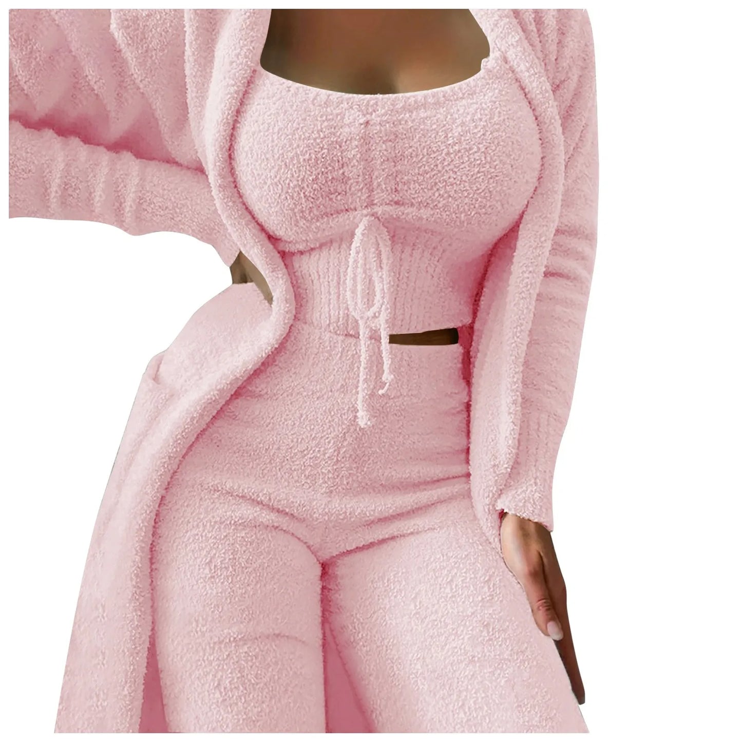 Women'S Fleece 3 Pc Teddy Loungewear Spaghetti Strap Crop Tank Wide Long Pants Fuzzy Kimono Cozy Sweatsuit Set Ladies Pants Suit