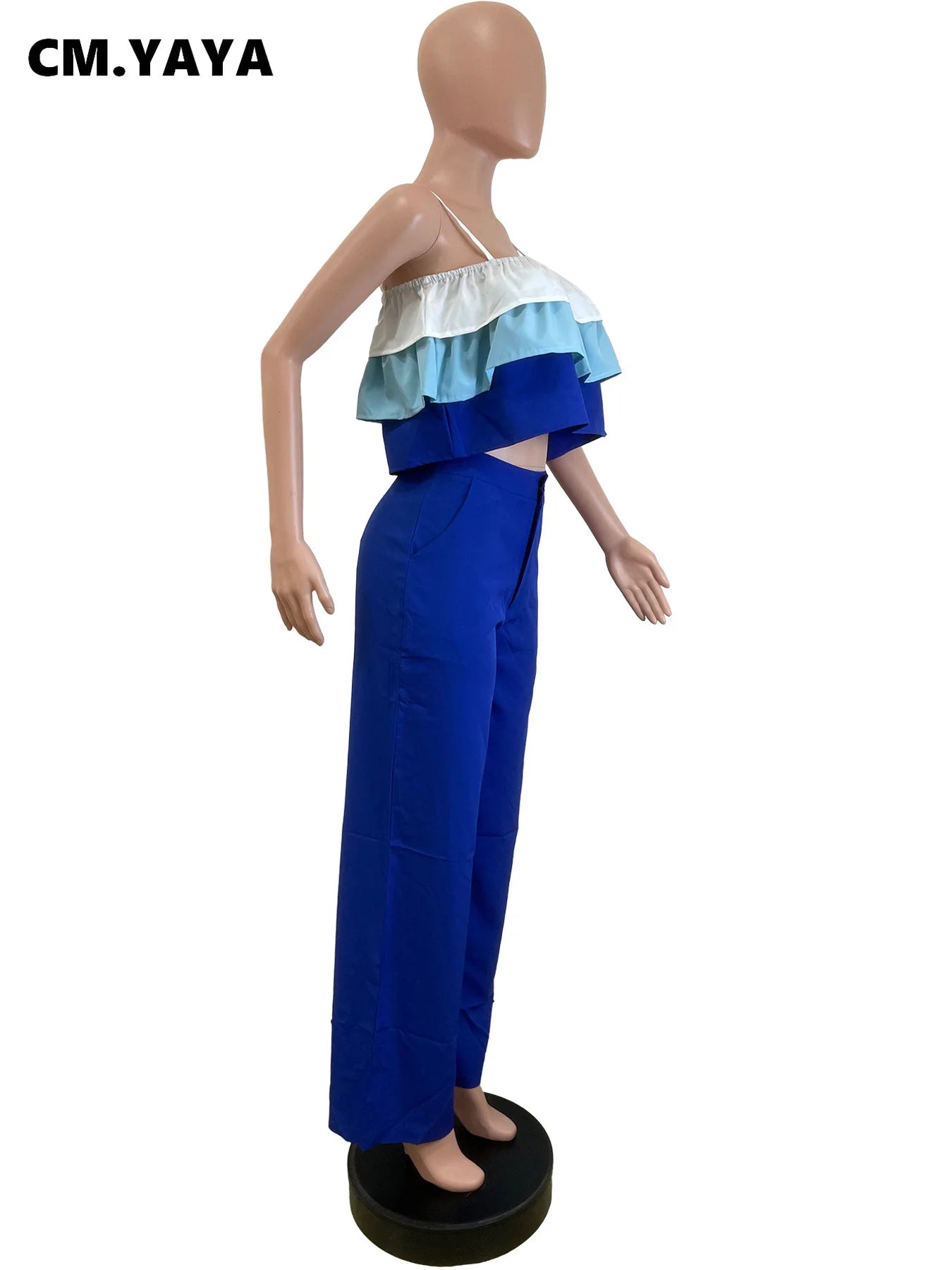 Hey, check out this amazing fashion party outfit! It’s a chic two-piece set with a patchwork cascading ruffles strap crop top and wide-leg suit. It’s perfect for the 2025 fashion season.