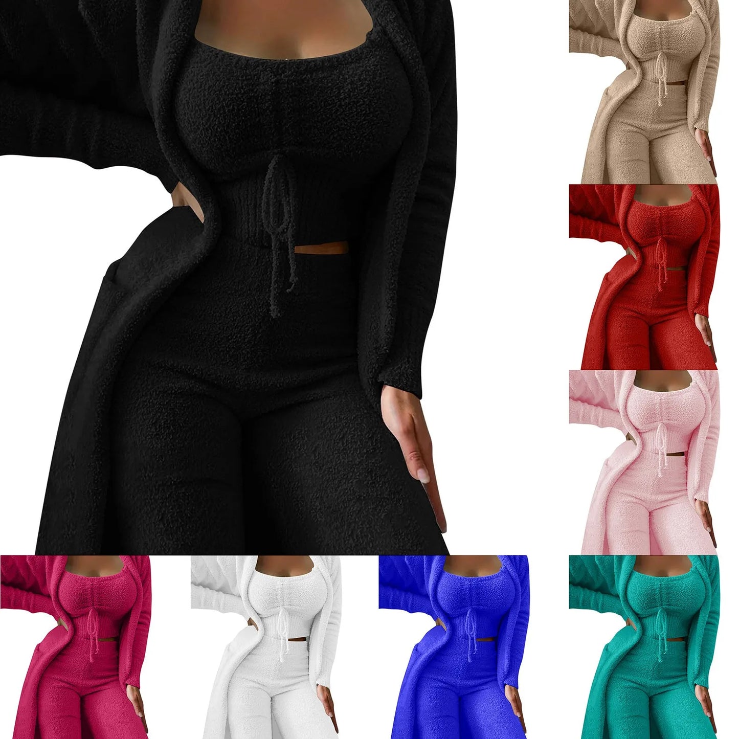 Women'S Fleece 3 Pc Teddy Loungewear Spaghetti Strap Crop Tank Wide Long Pants Fuzzy Kimono Cozy Sweatsuit Set Ladies Pants Suit