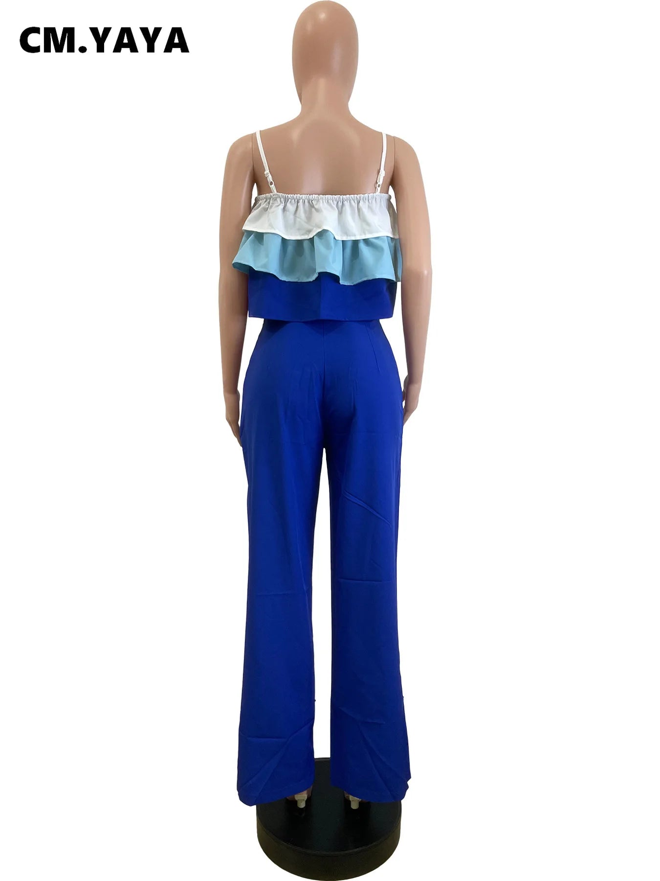 Hey, check out this amazing fashion party outfit! It’s a chic two-piece set with a patchwork cascading ruffles strap crop top and wide-leg suit. It’s perfect for the 2025 fashion season.