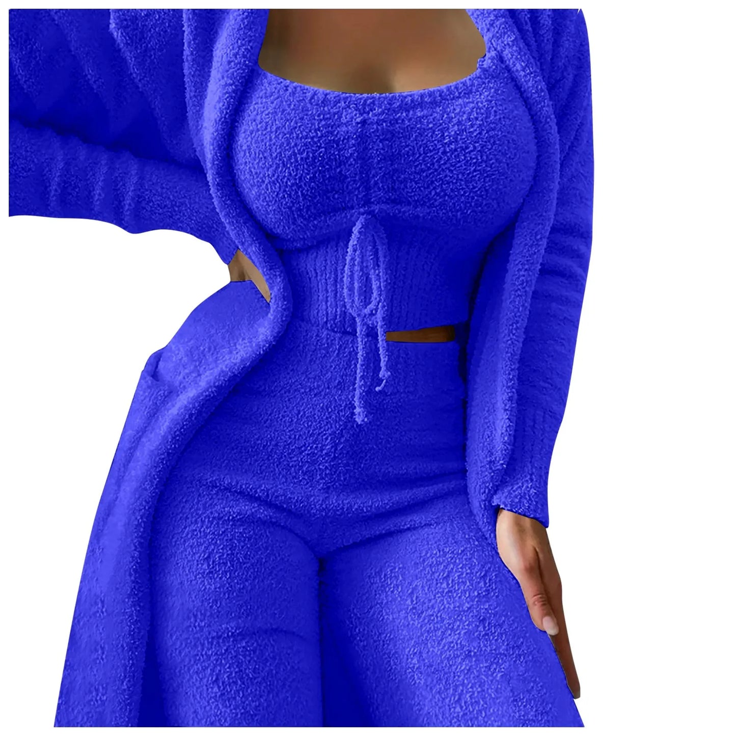 Women'S Fleece 3 Pc Teddy Loungewear Spaghetti Strap Crop Tank Wide Long Pants Fuzzy Kimono Cozy Sweatsuit Set Ladies Pants Suit