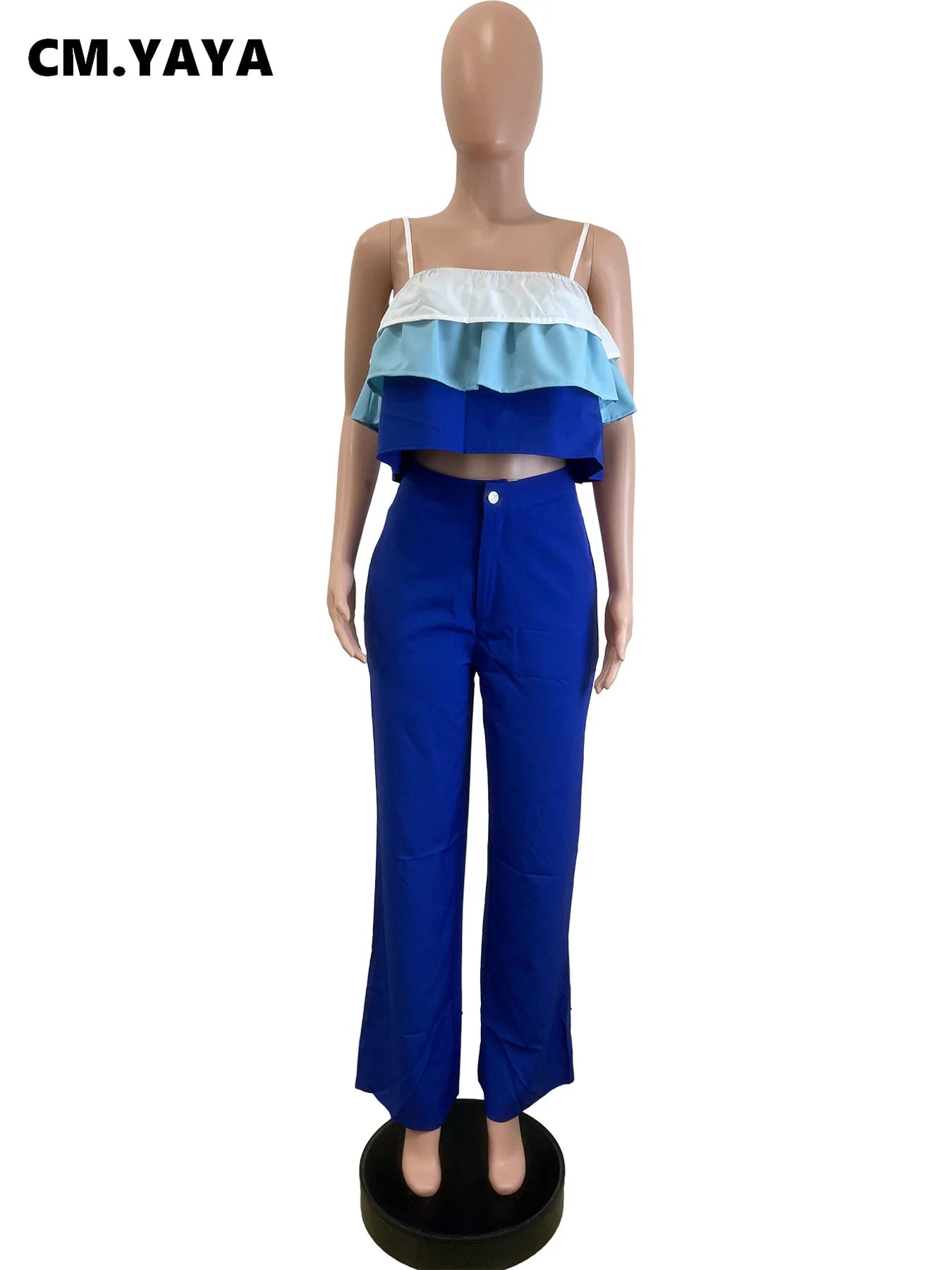 Hey, check out this amazing fashion party outfit! It’s a chic two-piece set with a patchwork cascading ruffles strap crop top and wide-leg suit. It’s perfect for the 2025 fashion season.
