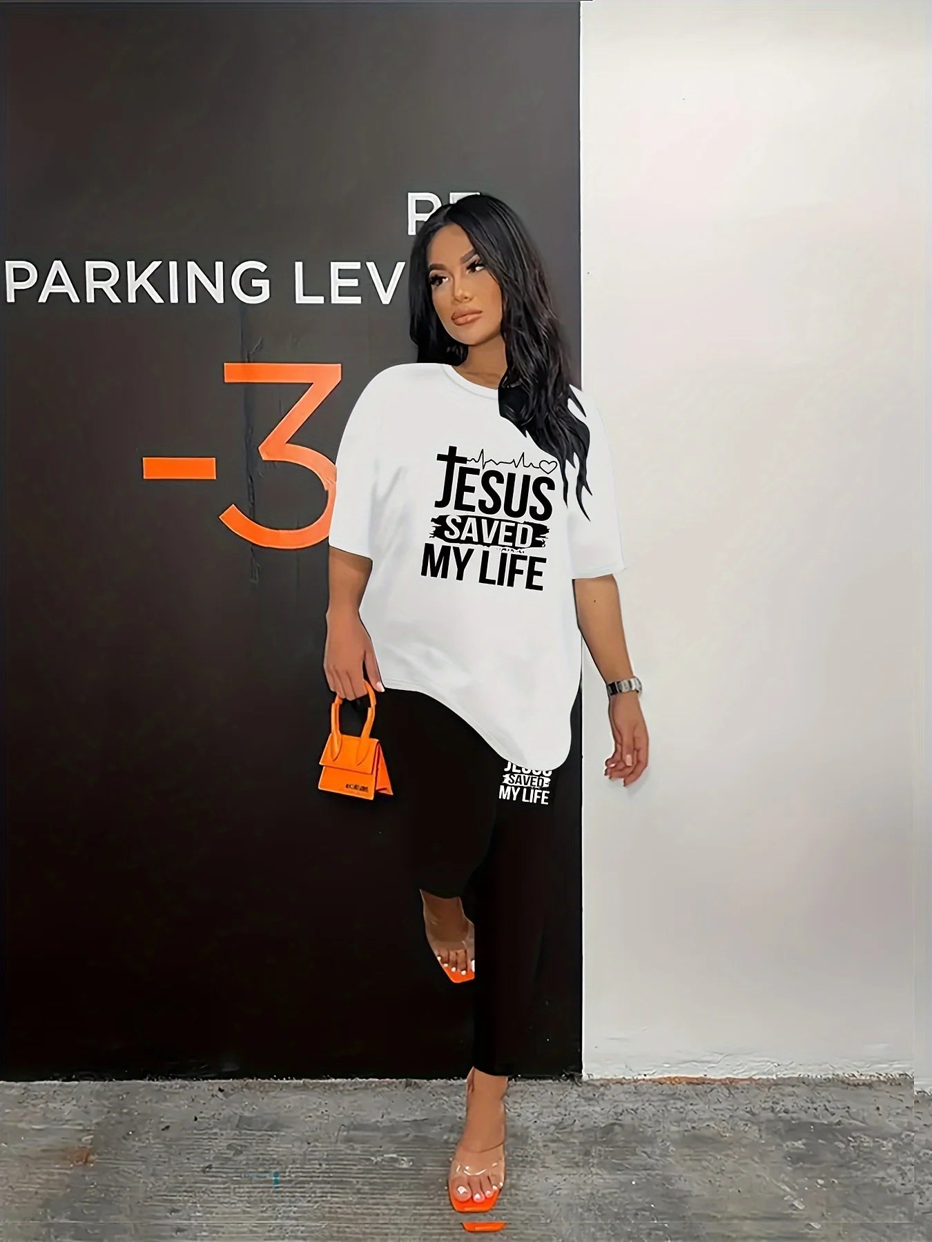 Women's Sports Outfit Set Plus Size Letter Print Black Short Sleeve T-shirt Top & Pants Fitness 2 Piece Set