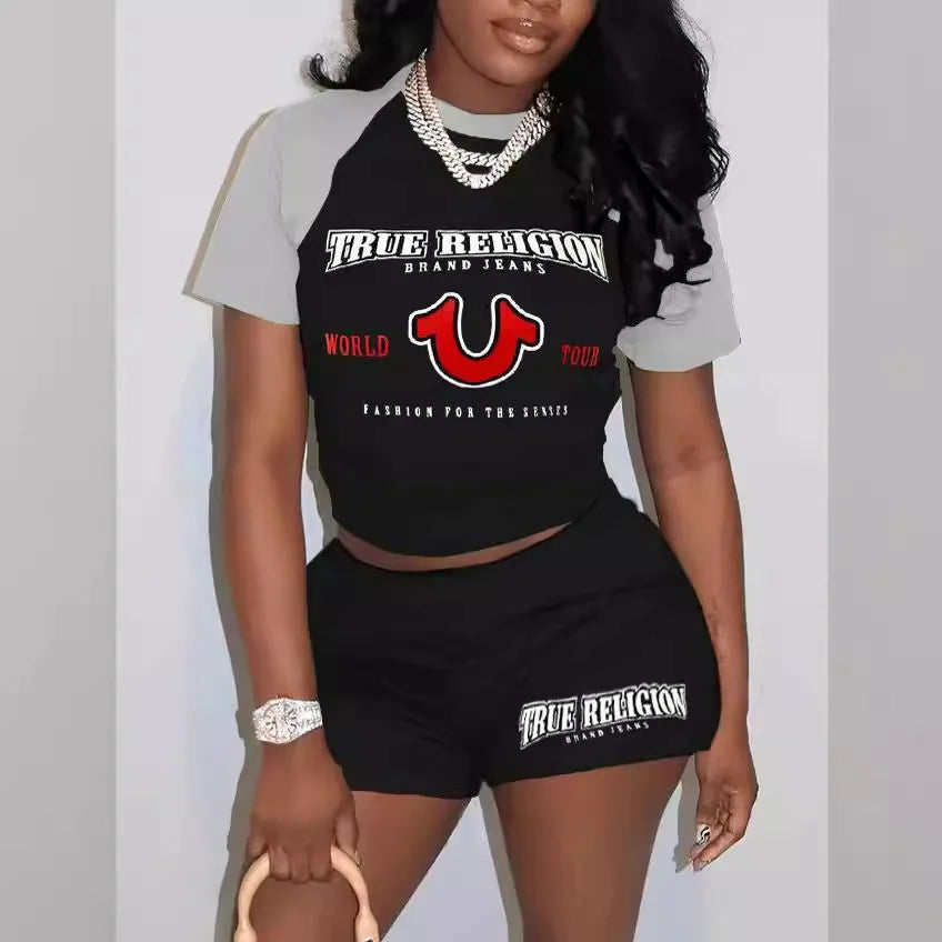 Short Sleeve Crop Tops Casual Biker Shorts Matching Set Summer 2025