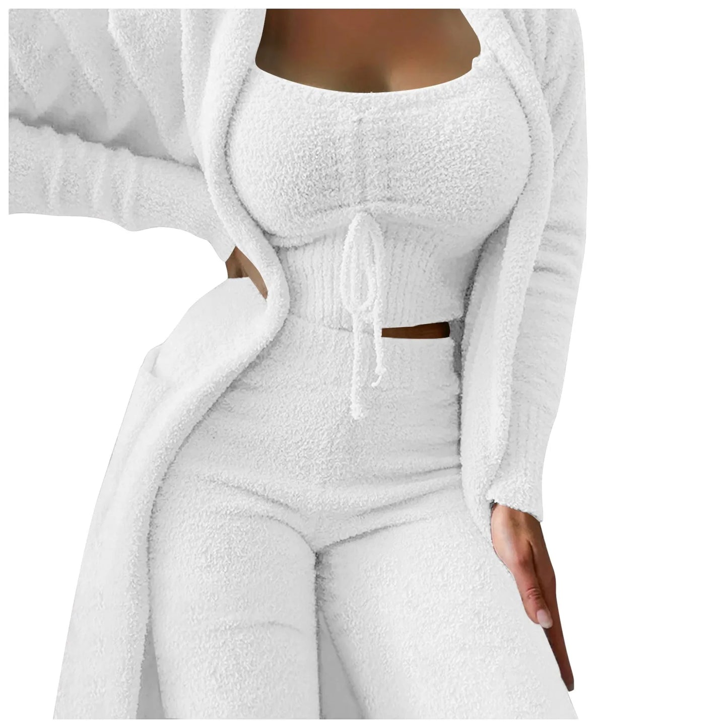 Women'S Fleece 3 Pc Teddy Loungewear Spaghetti Strap Crop Tank Wide Long Pants Fuzzy Kimono Cozy Sweatsuit Set Ladies Pants Suit