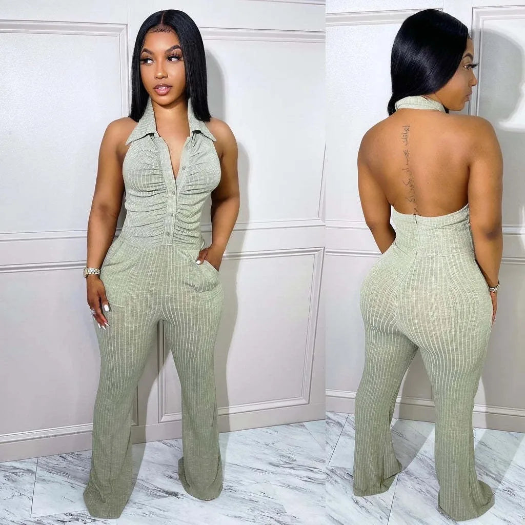 Echoine Turn Down Collar Halter Sexy Jumpsuit