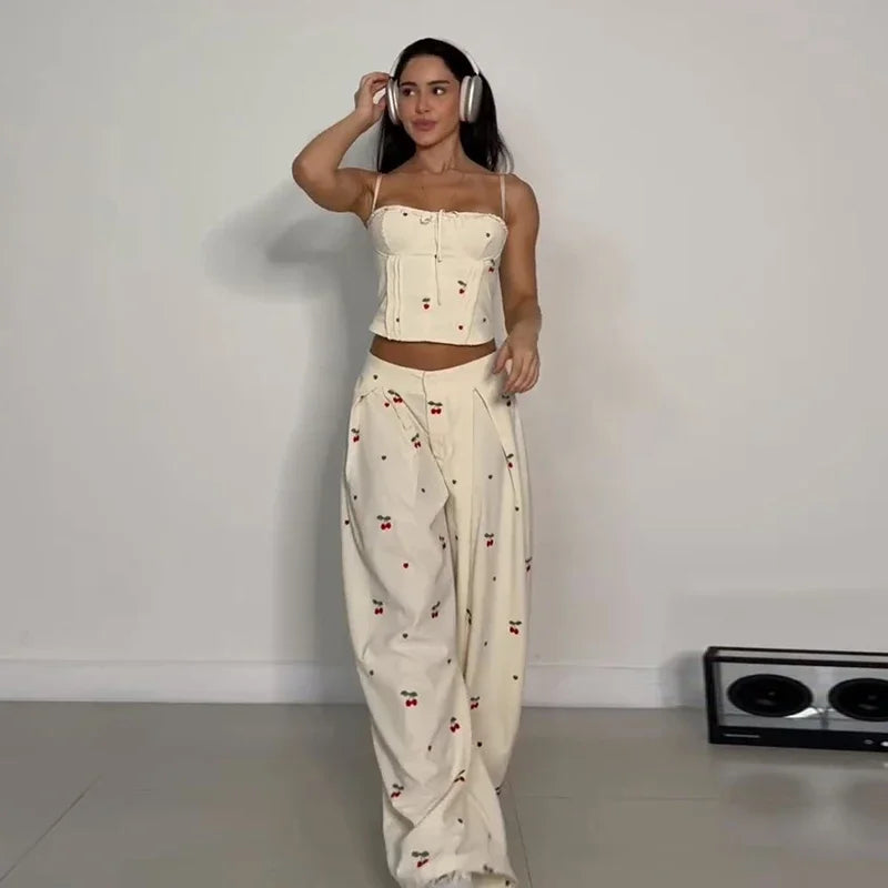 Women's Print Vest and Pleated Pants Set Lace Up — pants, alternate view