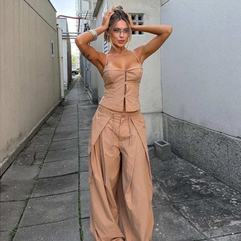 Women's Print Vest and Pleated Pants Set Lace Up — pants, alternate view
