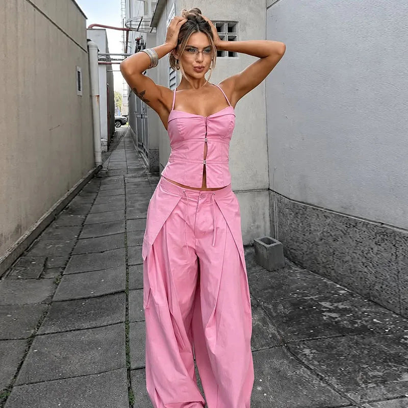 Women's Print Vest and Pleated Pants Set Lace Up — pants, alternate view