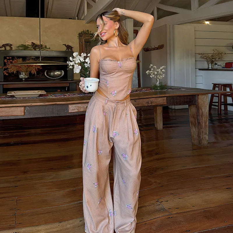 Women's Print Vest and Pleated Pants Set Lace Up — pants, alternate view