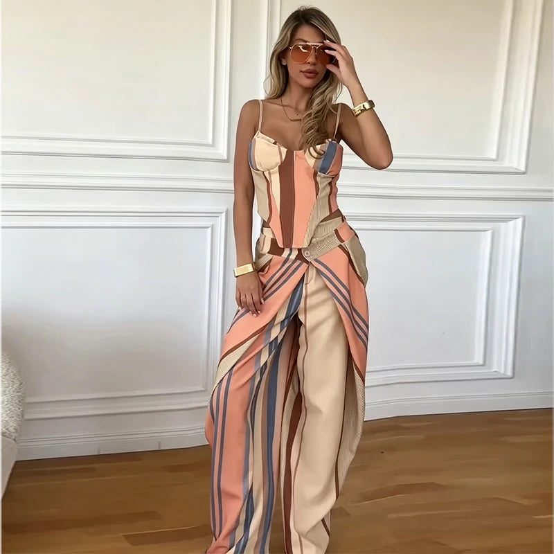 Women's Print Vest and Pleated Pants Set Lace Up — pants, alternate view