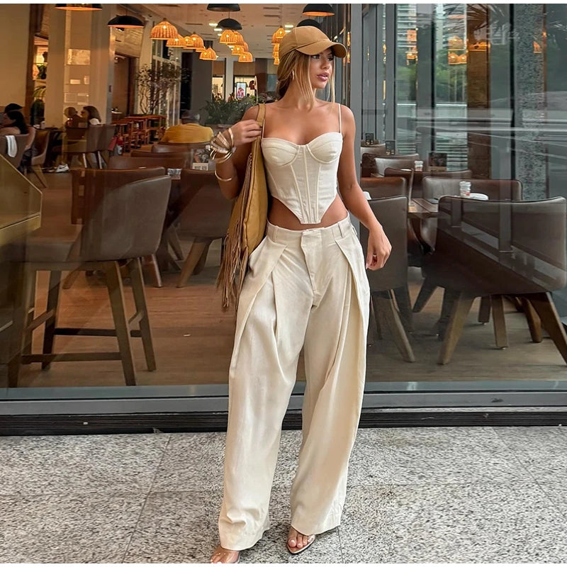 Women's Print Vest and Pleated Pants Set Lace Up — pants, alternate view