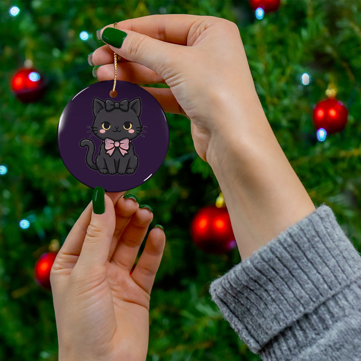 Gothmas Black Cat & Bows Ornament — Creepy-Cute