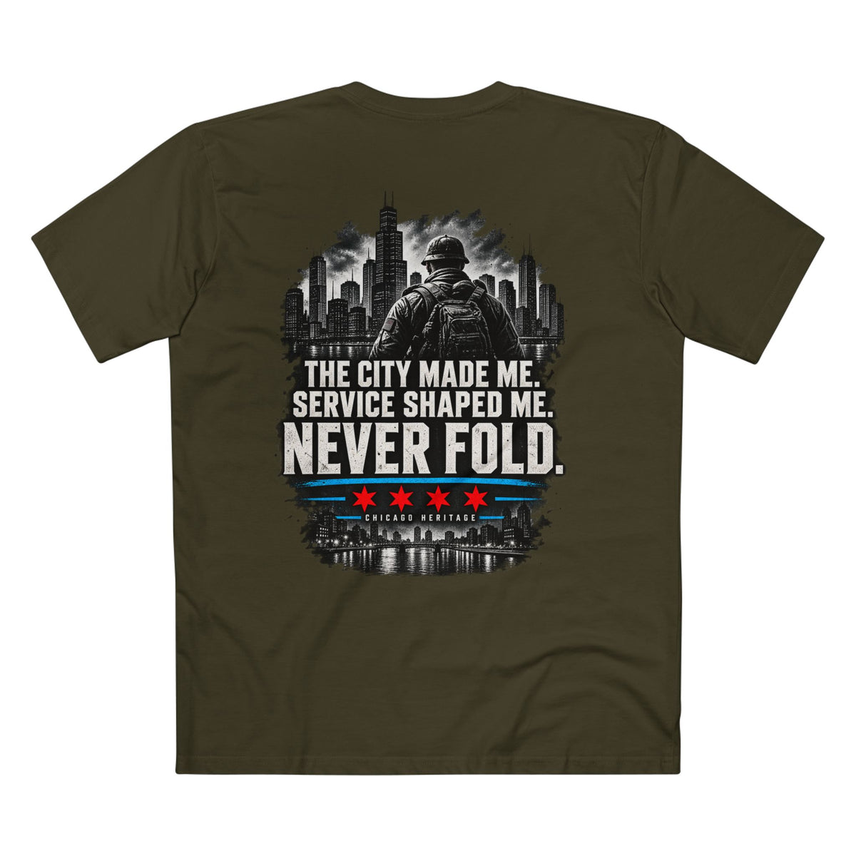 Chicago Veteran — Never Fold | Small Front Staple Tee