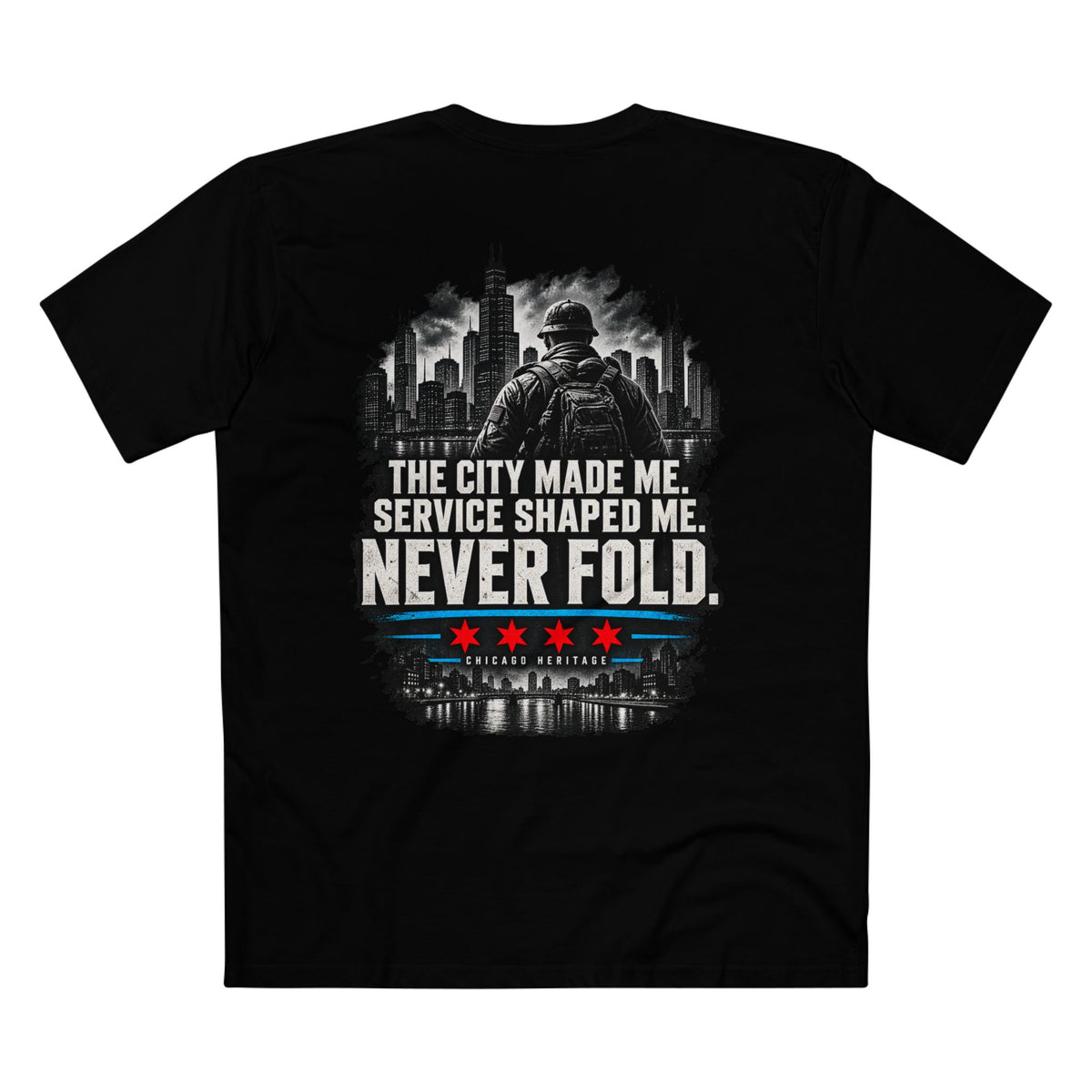 Chicago Veteran — Never Fold | Small Front Staple Tee