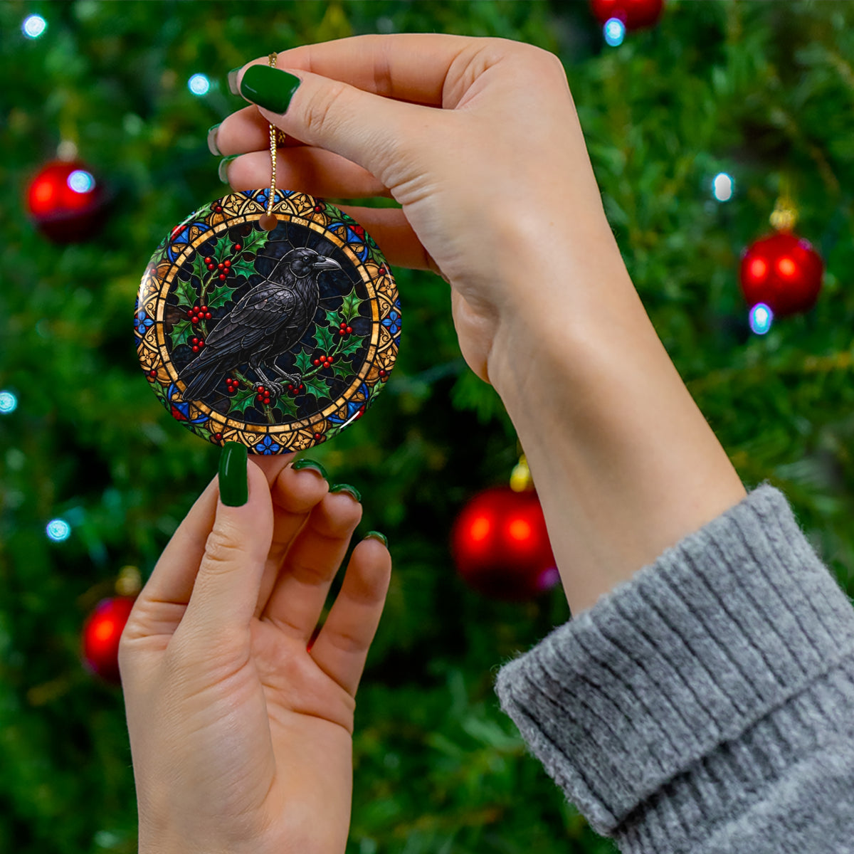Gothmas Crow & Holly Ornament — Stained Glass
