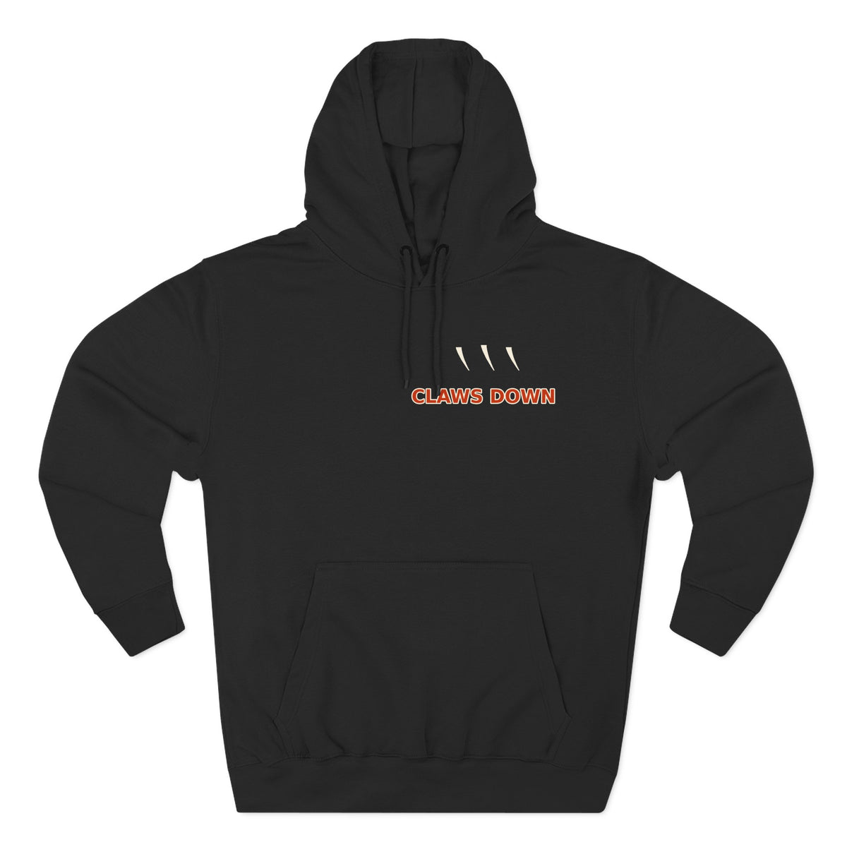 Claws Down hoodie front — muted grizzly bear print on black heavyweight hoodie