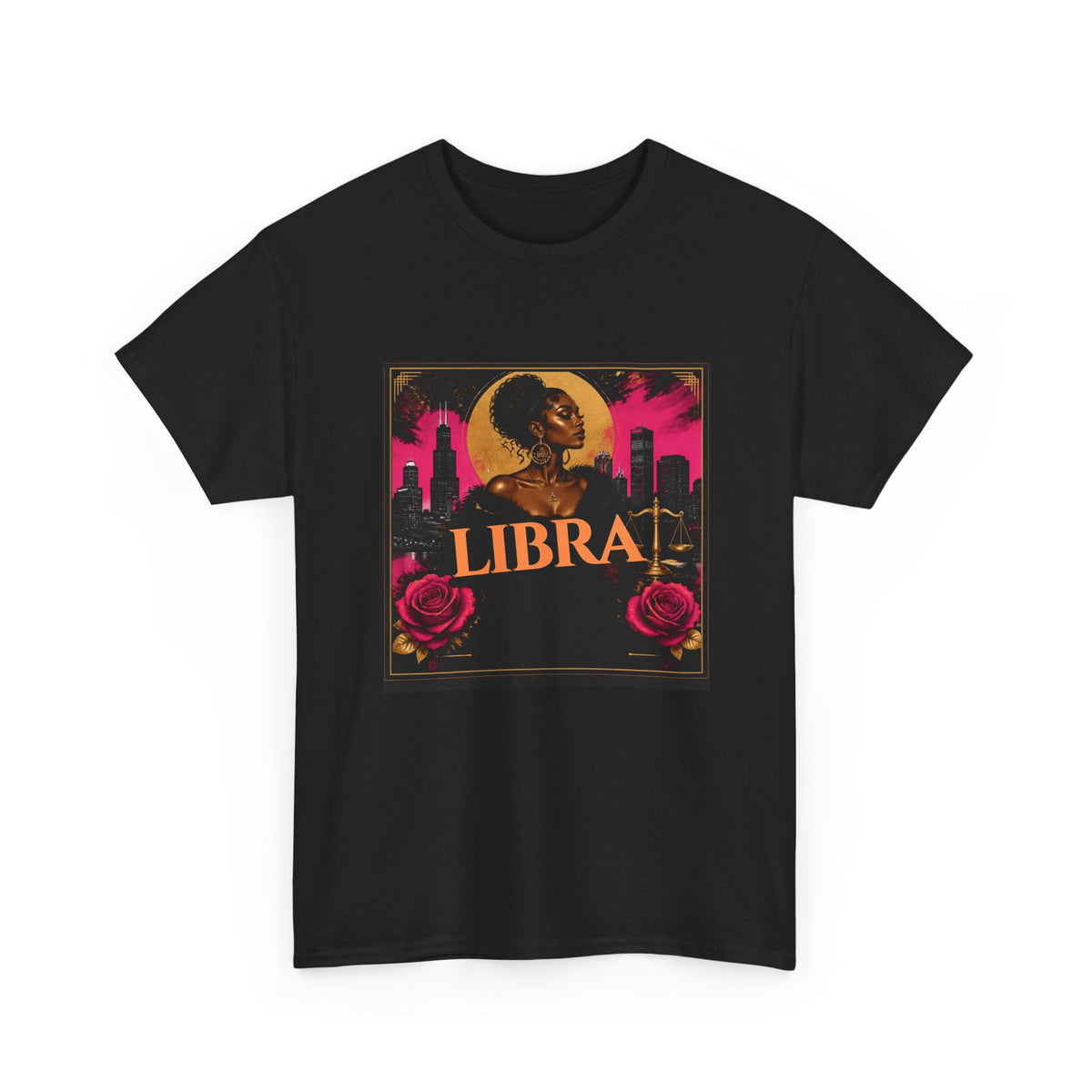 Golden Libra Season Tee — Chicago Skyline Zodiac Shirt