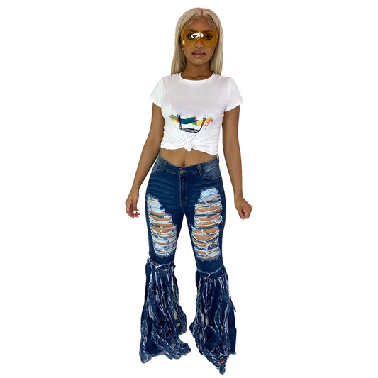 Casual Women's Ripped Flare Denim Jeans Trousers
