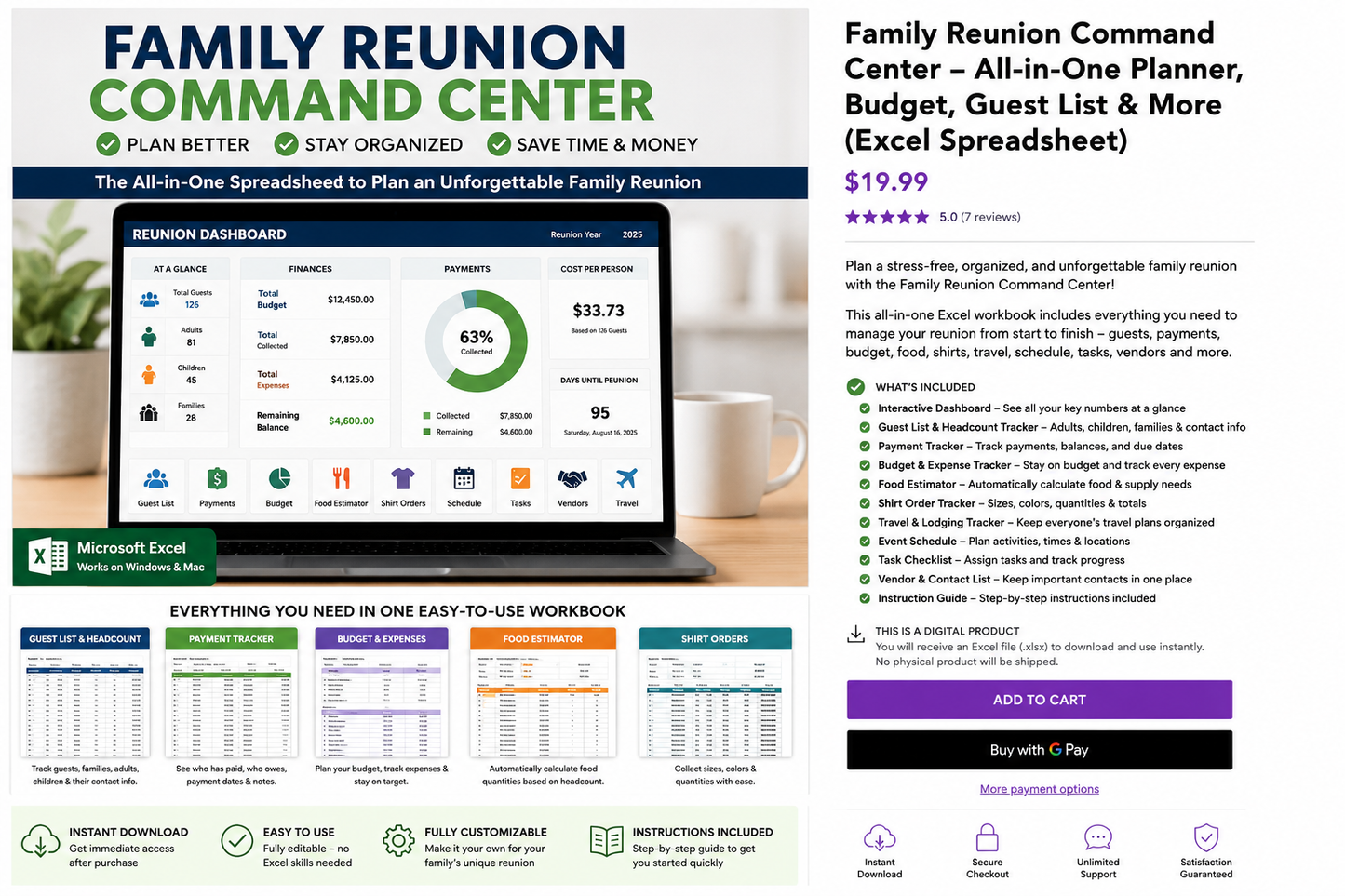 Family Reunion Planner Spreadsheet | All-in-One Budget, Guest List, Payments & Event Organizer