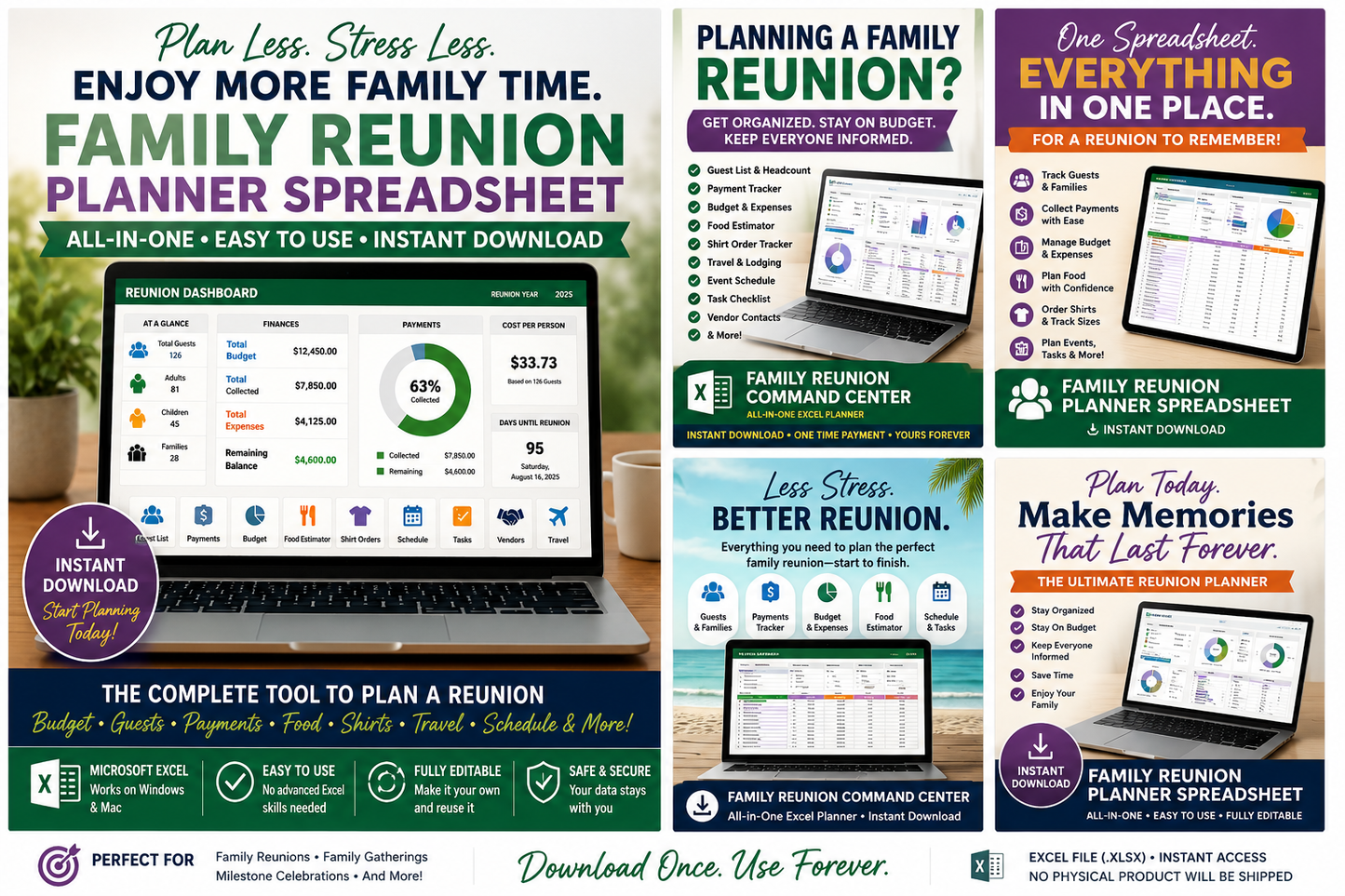 Family Reunion Planner Spreadsheet | All-in-One Budget, Guest List, Payments & Event Organizer