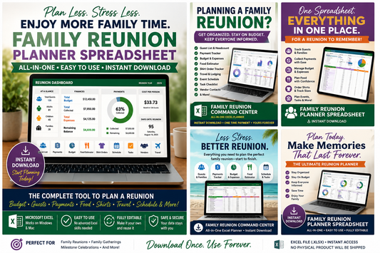 Family Reunion Planner Spreadsheet | All-in-One Budget, Guest List, Payments & Event Organizer