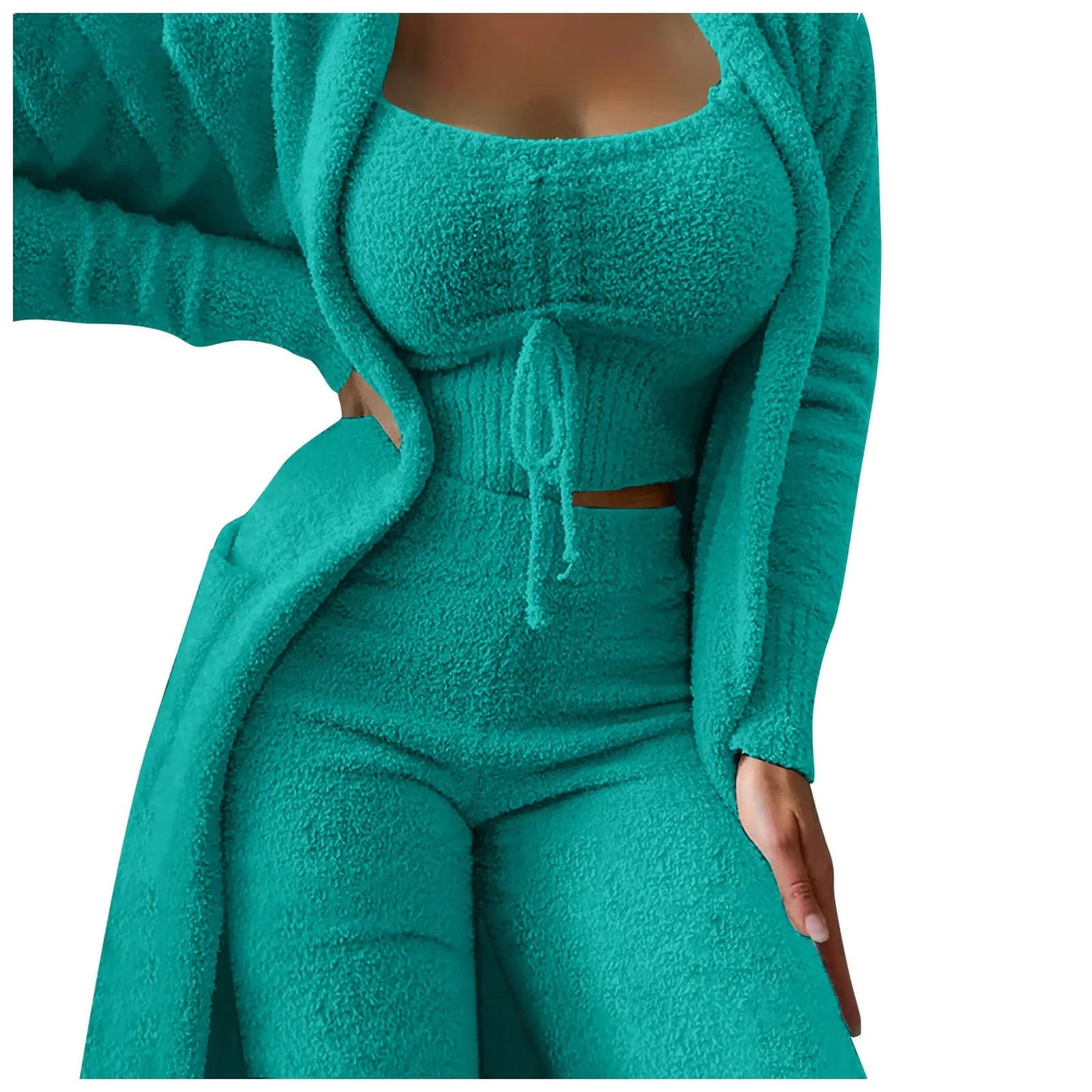 Women'S Fleece 3 Pc Teddy Loungewear Spaghetti Strap Crop Tank Wide Long Pants Fuzzy Kimono Cozy Sweatsuit Set Ladies Pants Suit