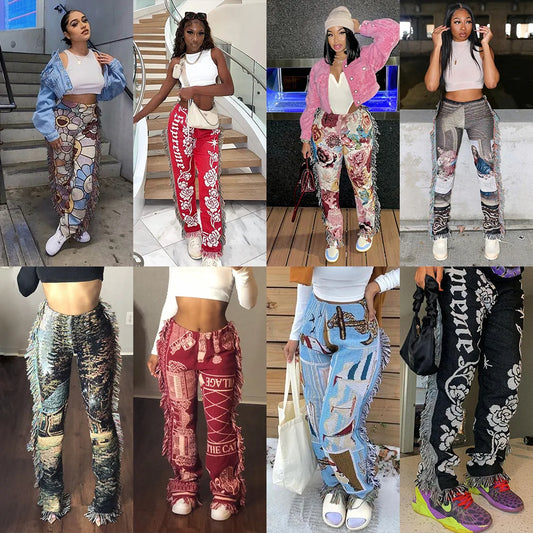 Tassel Patchwork Striped Print Jogger Pant Women Rave Festival Clothing 2025 Summer Casual High Waist Bodycon Active Sweat Pants