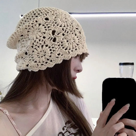 Women's Hollowed Out Knitted Hat Casual Beret Cap Fashion Flowers Breathable Skullies Hat Sun Visor