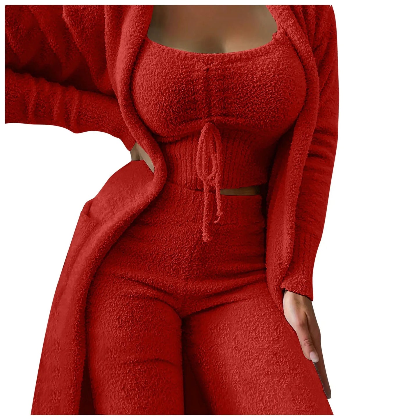Women'S Fleece 3 Pc Teddy Loungewear Spaghetti Strap Crop Tank Wide Long Pants Fuzzy Kimono Cozy Sweatsuit Set Ladies Pants Suit
