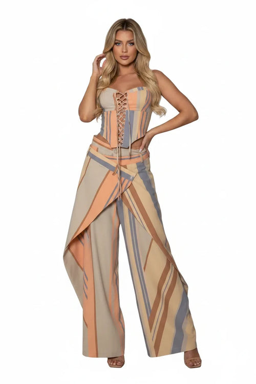 Women's Print Vest and Pleated Pants Set Lace Up — pants, front view