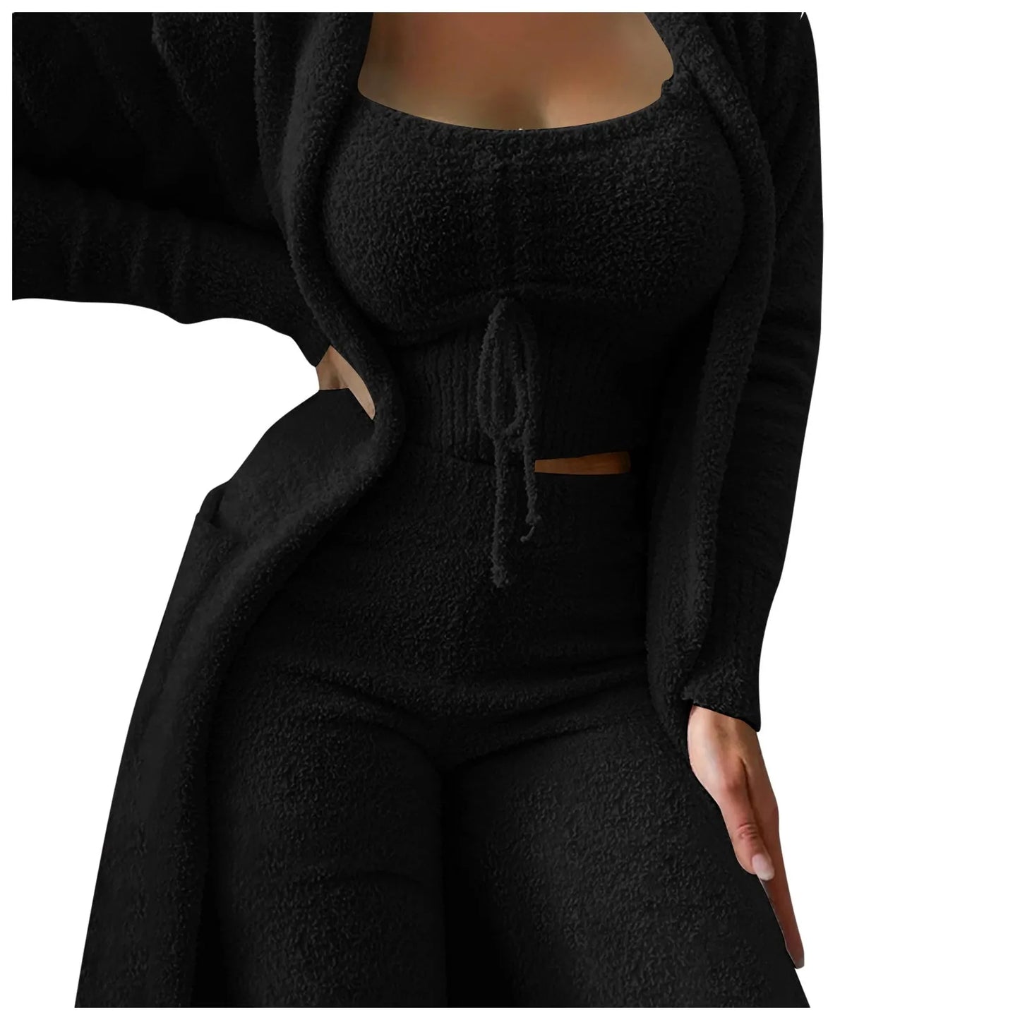 Women'S Fleece 3 Pc Teddy Loungewear Spaghetti Strap Crop Tank Wide Long Pants Fuzzy Kimono Cozy Sweatsuit Set Ladies Pants Suit