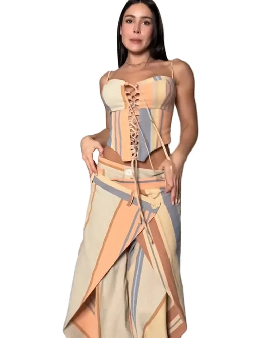 Women's Print Vest and Pleated Pants Set Lace Up — pants, back view
