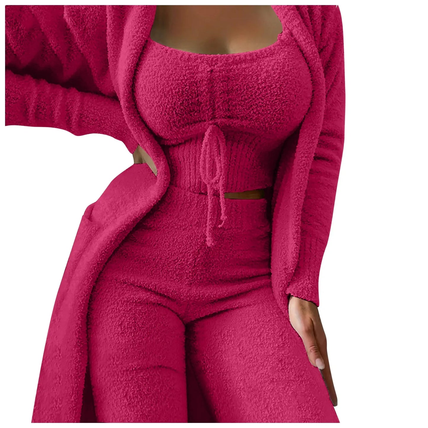 Women'S Fleece 3 Pc Teddy Loungewear Spaghetti Strap Crop Tank Wide Long Pants Fuzzy Kimono Cozy Sweatsuit Set Ladies Pants Suit