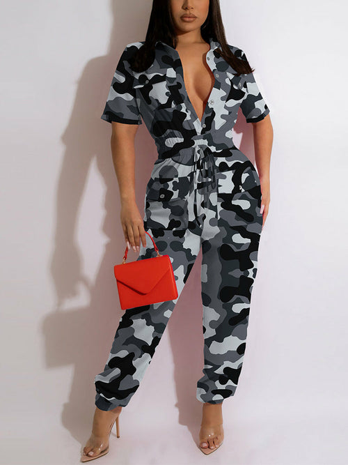 Short Sleeve Button Up Casual Jumpsuit Camo Printed Slim Overalls