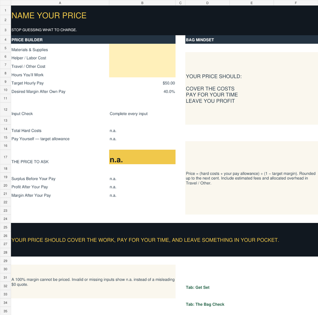 Actual Name Your Price worksheet. Blank amber input cells await costs and hours; the suggested price remains unavailable until inputs are complete.