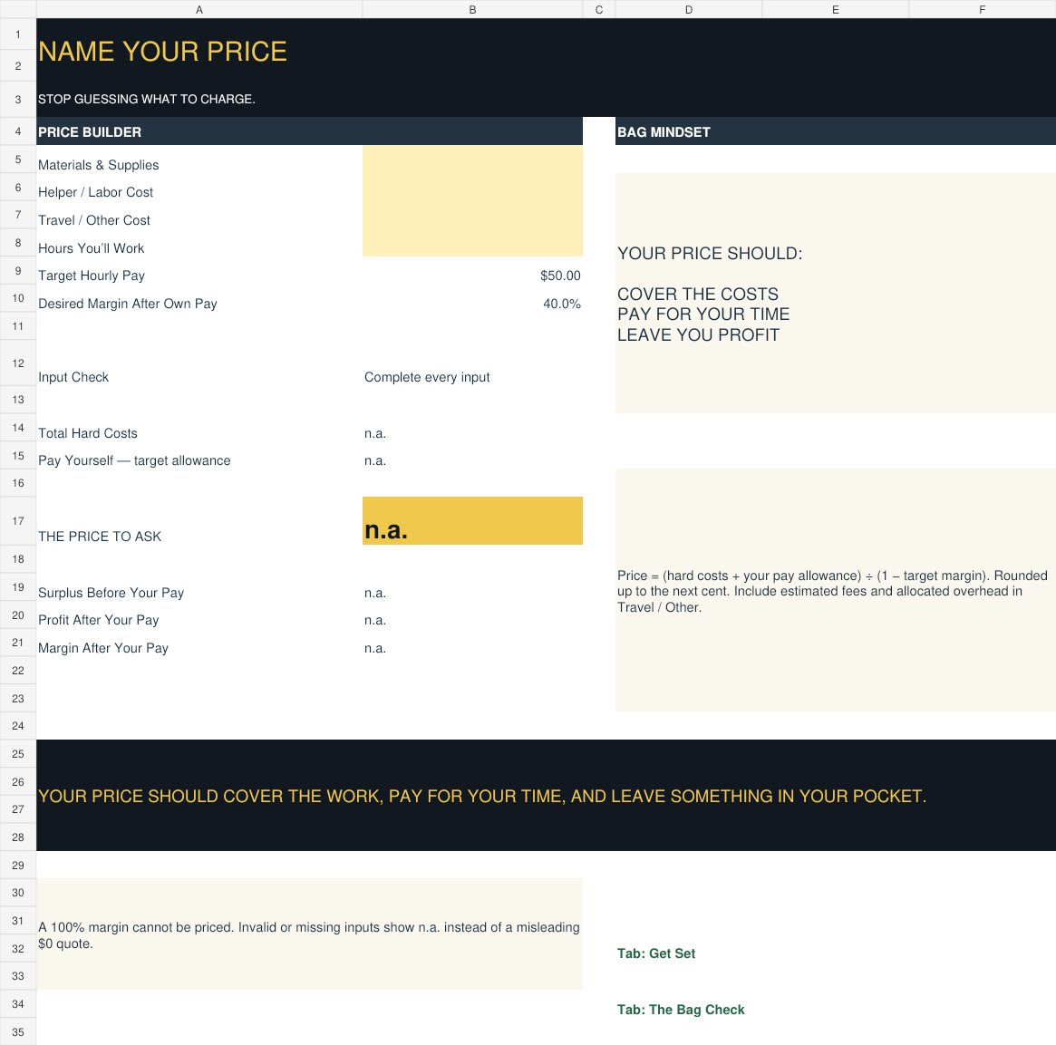 Actual Name Your Price worksheet. Blank amber input cells await costs and hours; the suggested price remains unavailable until inputs are complete.