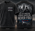 Chicago Veteran Never Fold conceptual front and back tee artwork