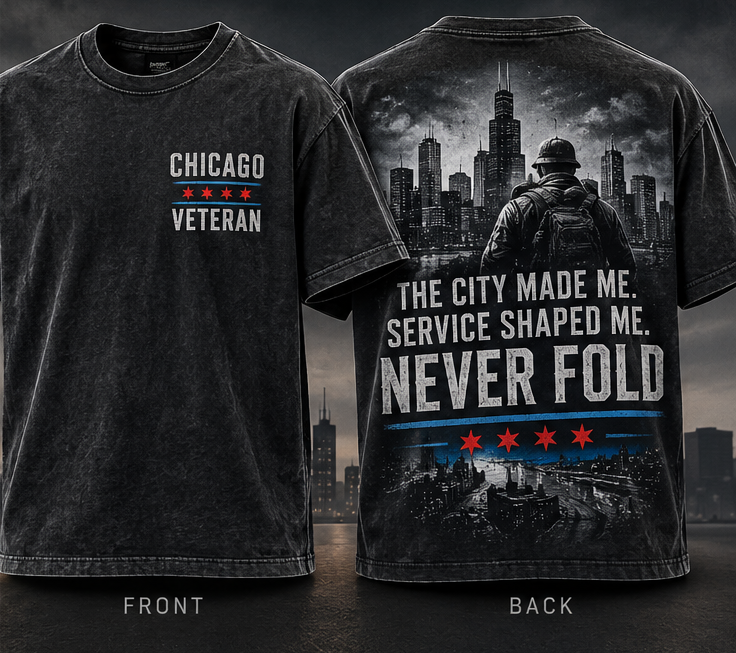 Chicago Veteran Never Fold conceptual front and back tee artwork