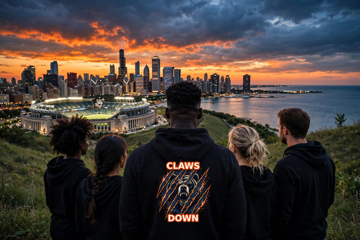 Claws Down hoodie — diverse crew looking at the Chicago skyline by Soldier Field