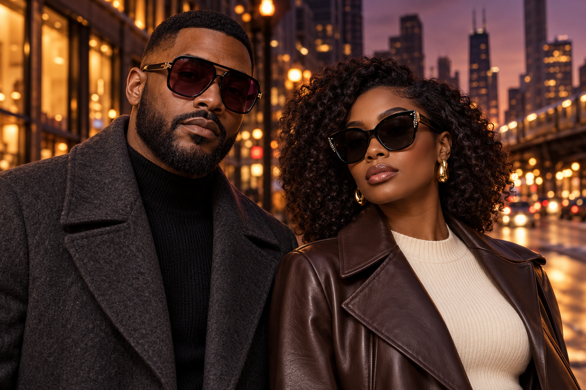 Glamazon Ave campaign artwork: a Black man and woman in statement eyewear and fall layers on a city avenue.