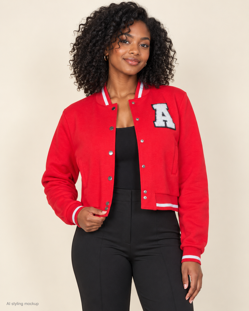 AI styling mockup of an adult Black woman wearing the red cropped A-letter-patch varsity jacket with striped trim and snap-button front. Black top, trousers and accessories are styling only and are not included.