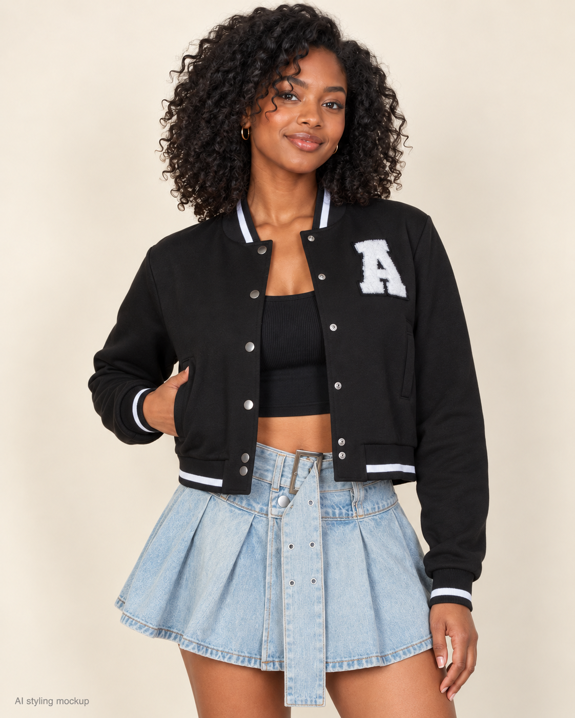 AI styling mockup of an adult Black woman wearing the black cropped A-letter-patch varsity jacket with matching black sleeves, white striped trim and snap-button front. Other clothing and accessories are styling only and are not included.