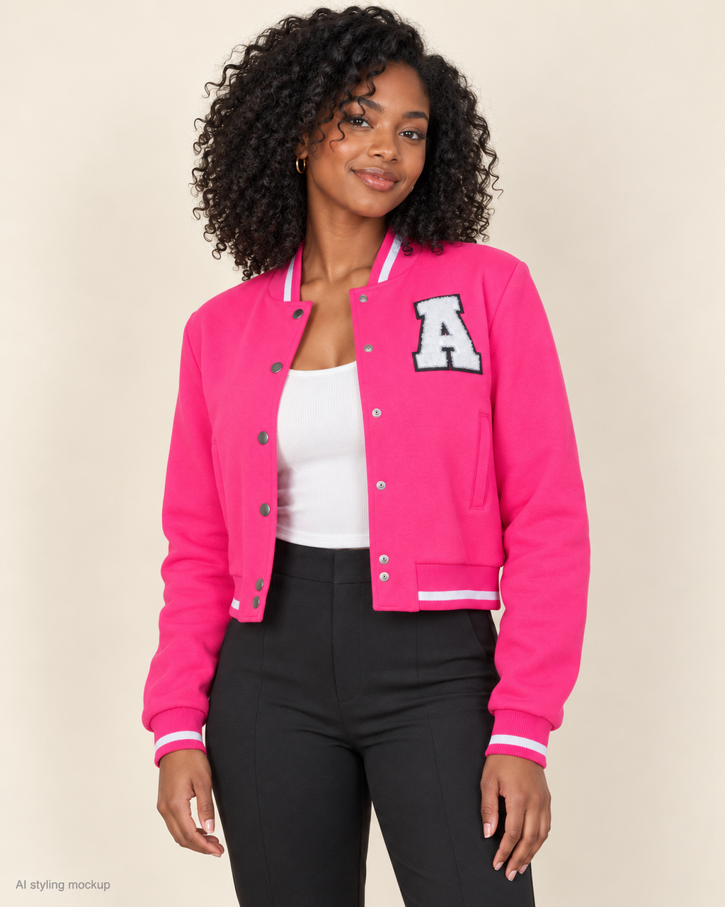 AI styling mockup of an adult Black woman wearing the hot pink cropped A-letter-patch varsity jacket with matching hot pink sleeves, white striped trim and snap-button front. Other clothing and accessories are styling only and are not included.