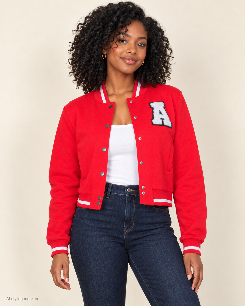 AI styling mockup of an adult Black woman wearing the red cropped A-letter-patch varsity jacket with matching red sleeves, white striped trim and snap-button front. Other clothing and accessories are styling only and are not included.
