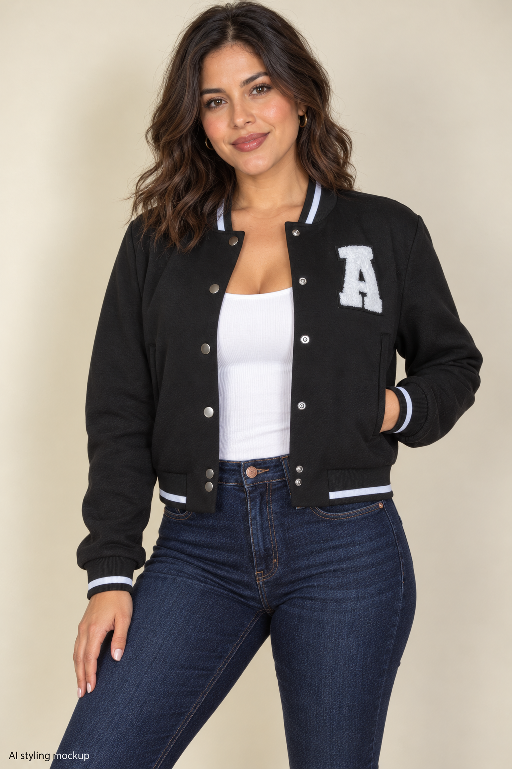 AI styling mockup of an adult Hispanic woman wearing the black cropped A-letter-patch varsity jacket with matching black sleeves, white striped trim and snap-button front. Other clothing and accessories are styling only and are not included.