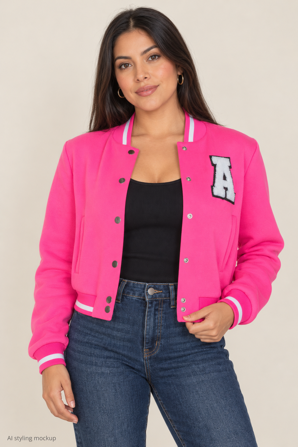 AI styling mockup of an adult Hispanic woman wearing the hot pink cropped A-letter-patch varsity jacket with matching hot pink sleeves, white striped trim and snap-button front. Other clothing and accessories are styling only and are not included.